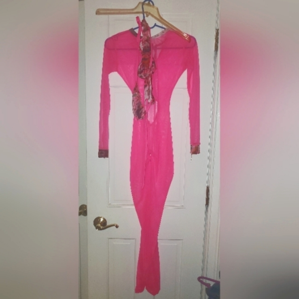3 pieces Jumpsuit with top and bottom bikini Bartender dancer outfit S hot Pink - Picture 8 of 12